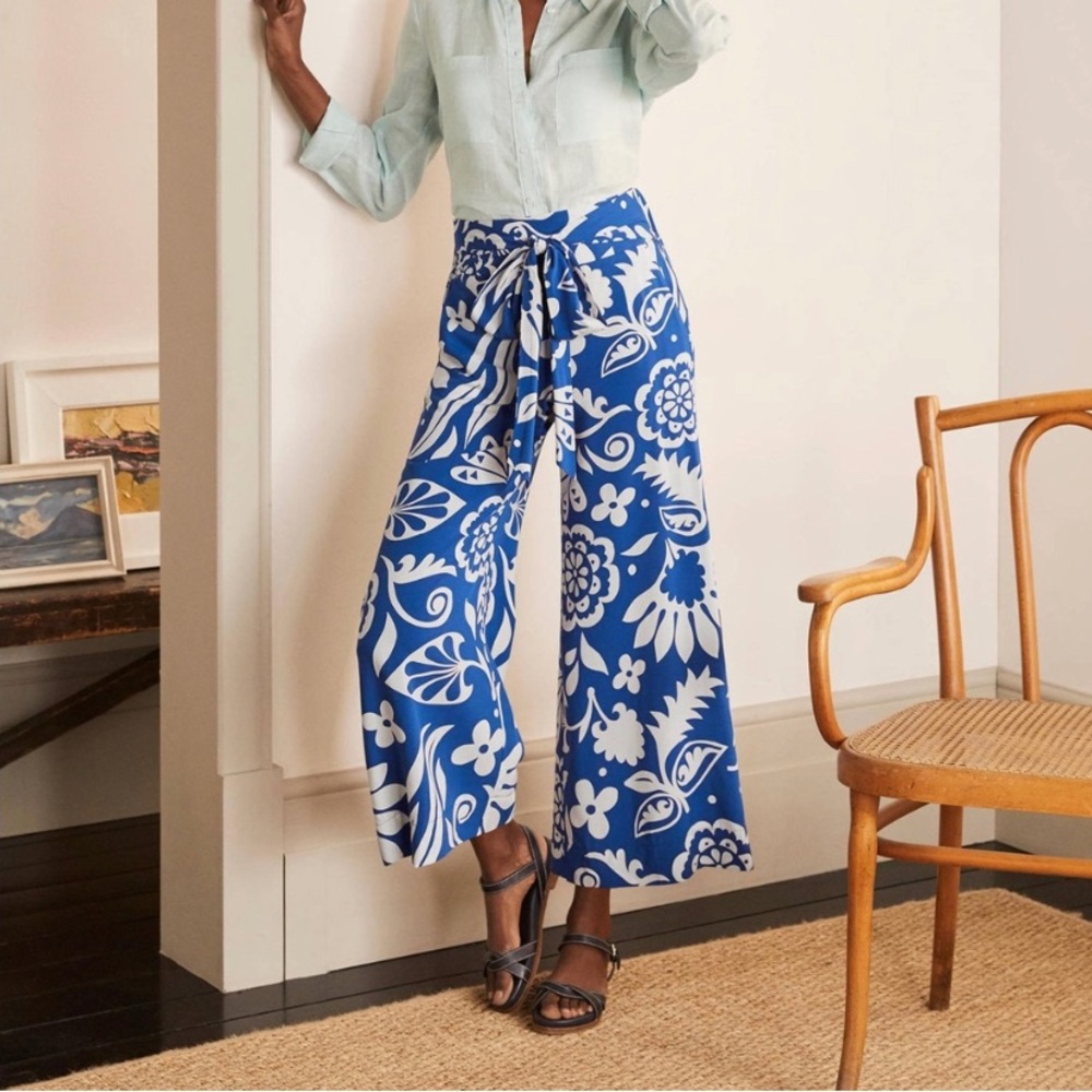 Boden Blue & White Wide-Leg Floral Tie-Waist Pants